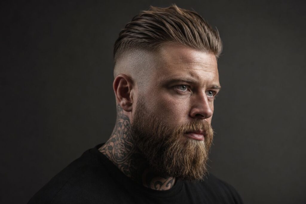 High fade viking haircut with strong contrast and longer textured hair brushed back