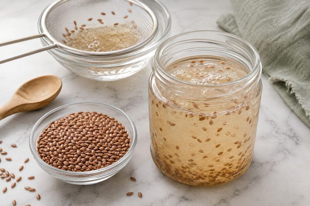 Homemade flaxseed hair gel in a glass jar made from boiled flaxseeds for natural curl definition.