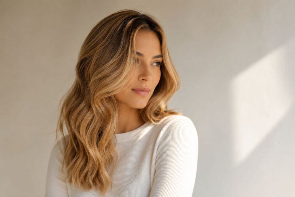Honey blonde hair color level 8 with warm golden amber tones