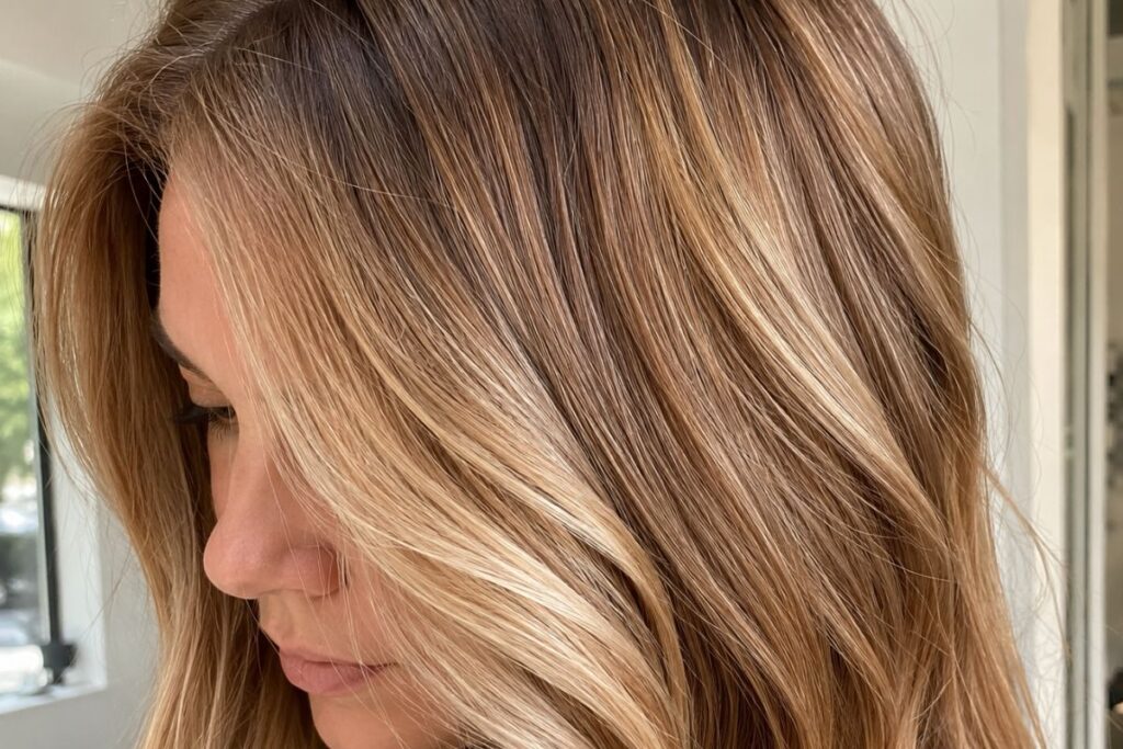 Close up of honey caramel blonde hair shade