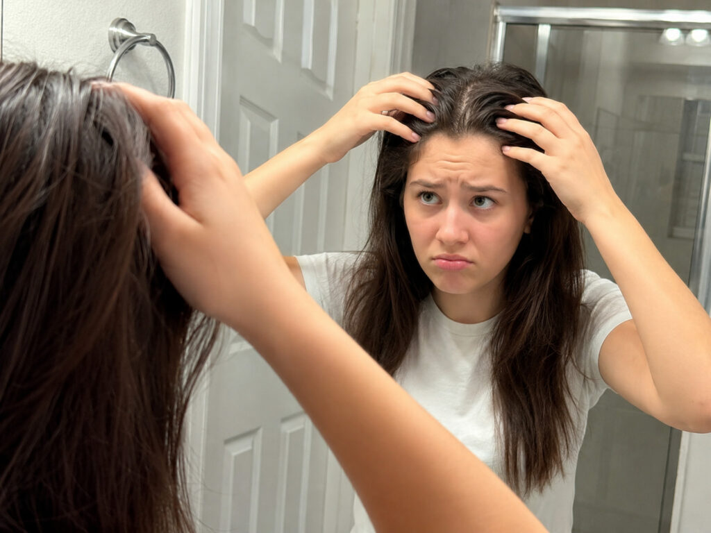 Teenager checking oily scalp caused by hormonal changes in a mirror