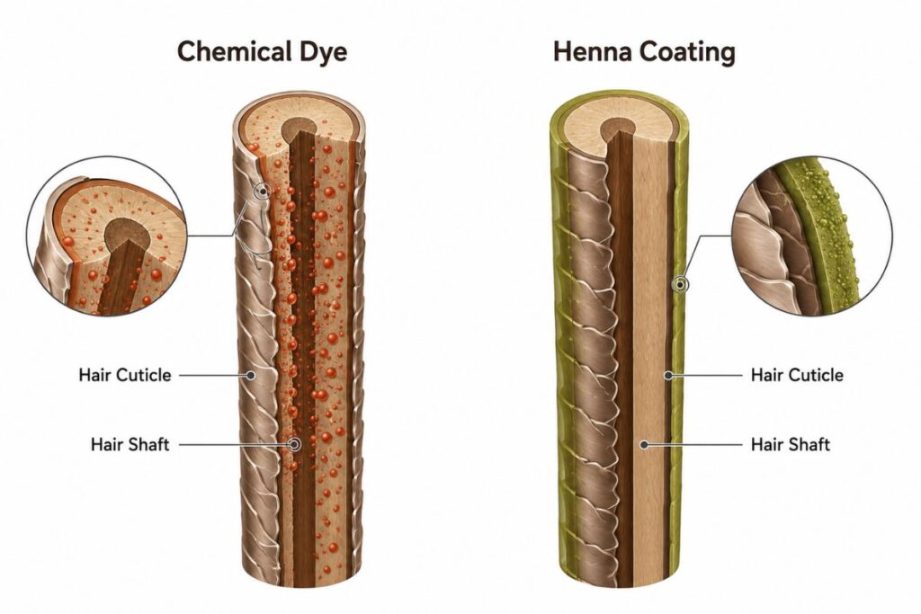 How henna coats the hair shaft compared to chemical hair dye