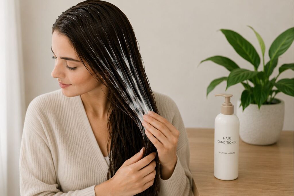 woman applying deep conditioner to damp hair
