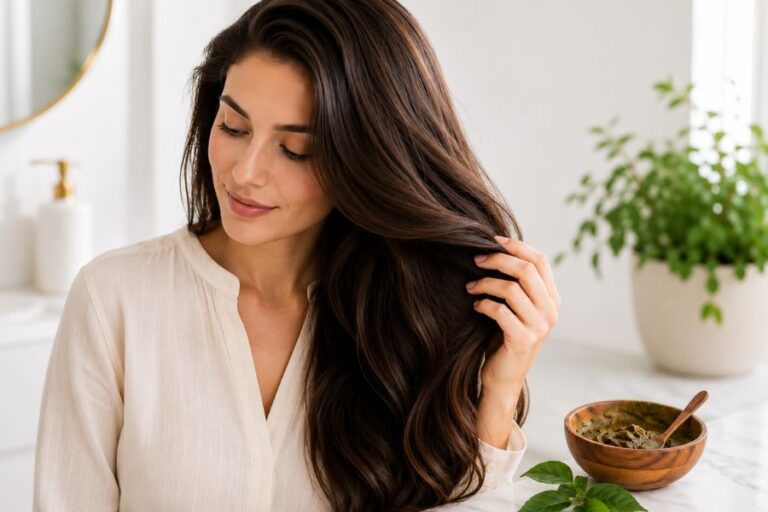 Woman with long healthy brunette hair beside a bowl of pure henna paste for the article Is Henna Good for Your Hair?