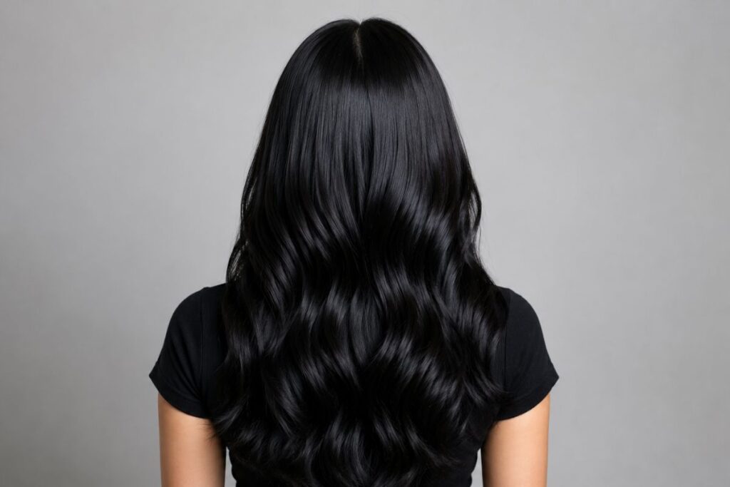 Jet black hair color level 1 with cool blue undertones and high shine finish