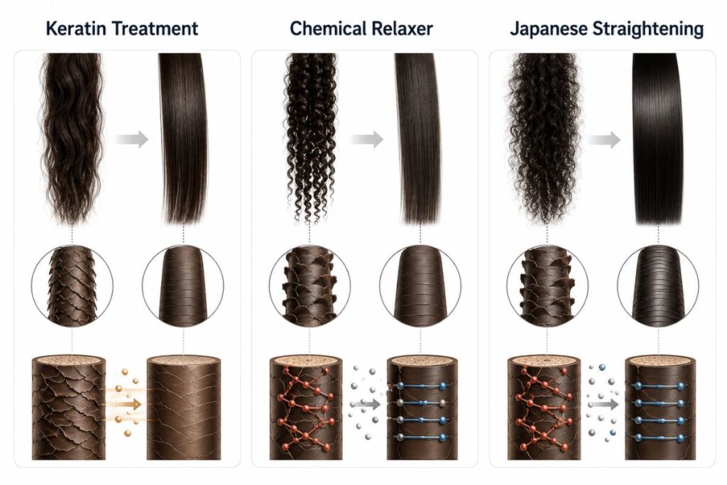 Comparison of keratin treatment, chemical relaxer, and Japanese straightening with before-and-after hair strands.
Select 78 more words to run Humanizer.