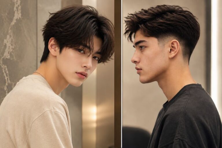 Korean curtain bangs hairstyle vs modern side part taper fade hairstyle for teenage boys