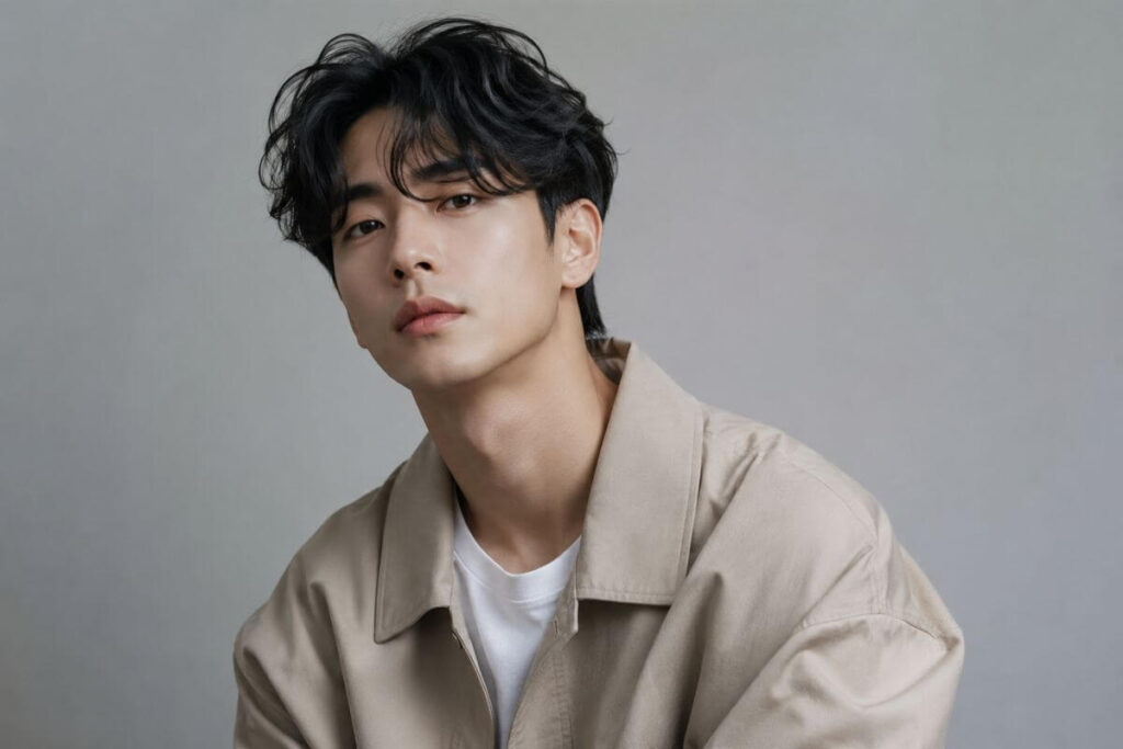 Korean perm for men with soft face framing waves and wispy fringe