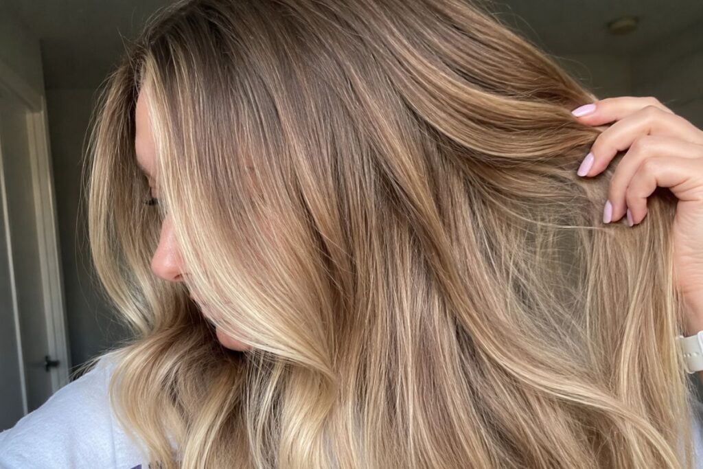 Light caramel blonde hair with visible root regrowth