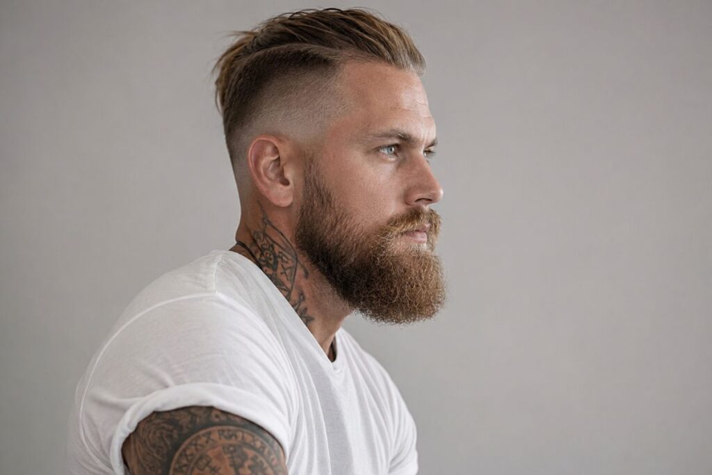 Low fade viking undercut with gradual fade above ear line and longer top
