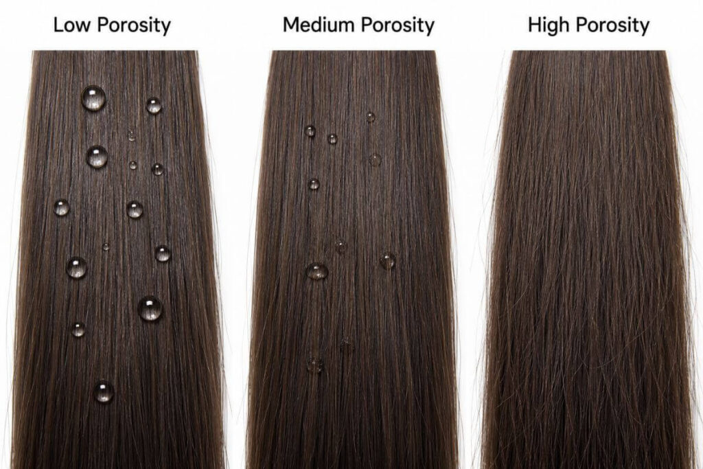 Low medium and high porosity hair compared with water droplets showing moisture absorption