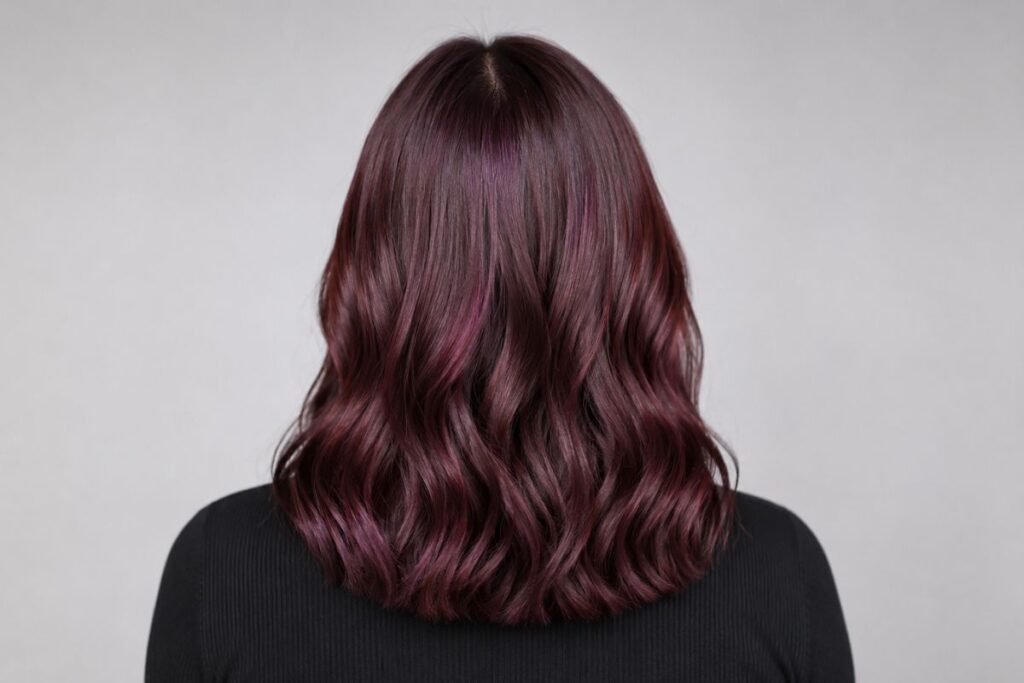 Mahogany hair color level 4 with red violet depth on dark brown base