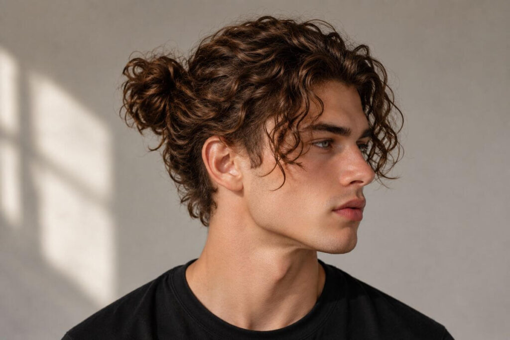 Man bun with permed length for men with loose waves at front and sides