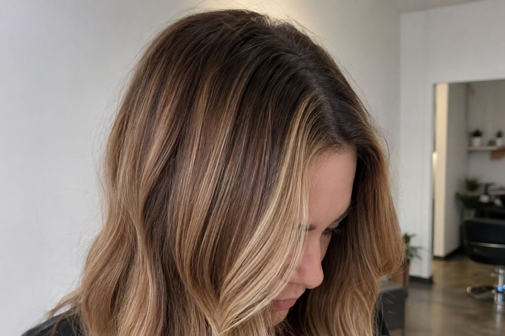 Medium caramel blonde hair with balanced warm tone