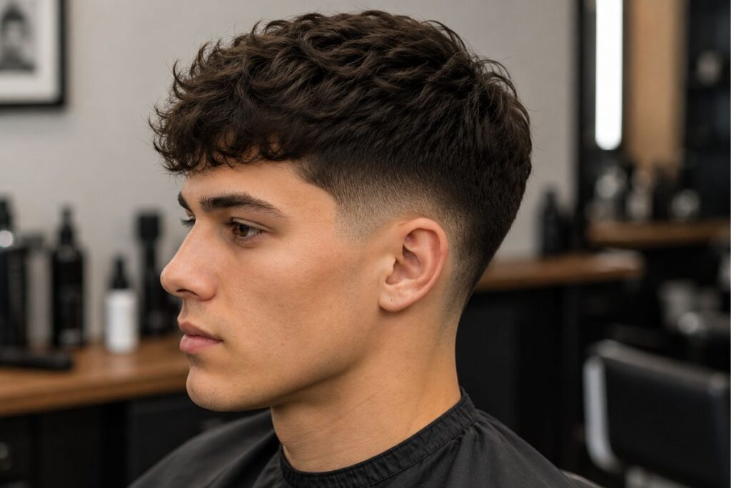 Mid taper fade haircut for teen boys with longer top brushed to one side
