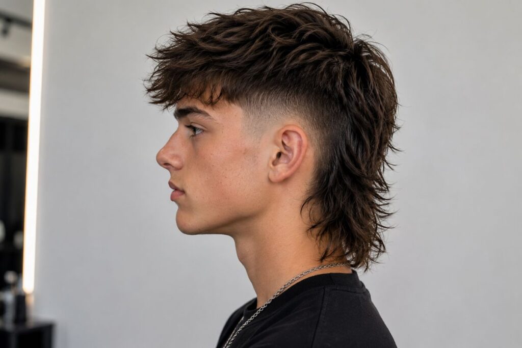 Modern mullet haircut for teen boys with short tapered sides and longer textured back