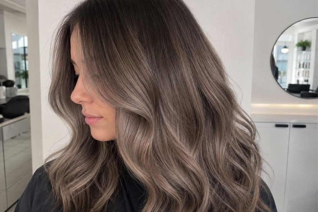 Mushroom ash blonde hair color on long wavy hair