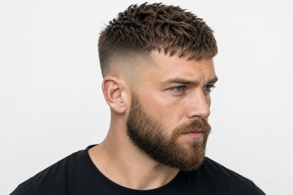 Norse textured crop haircut with short choppy layers and closely faded sides