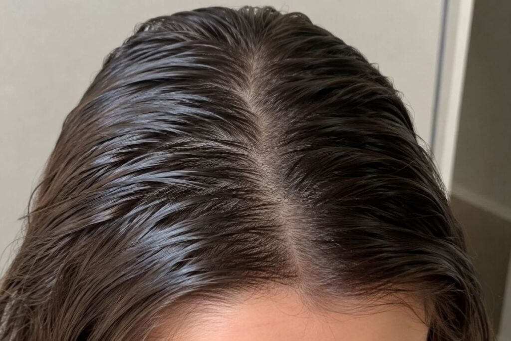 Oily hair roots showing signs of harsh shampoo damage
