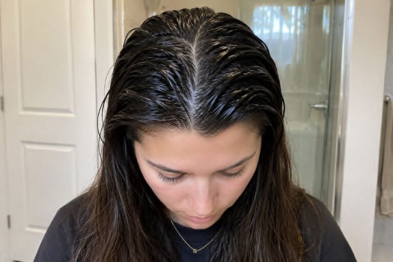 Why Does My Hair Get So Oily So Fast? Close up of oily hair roots showing