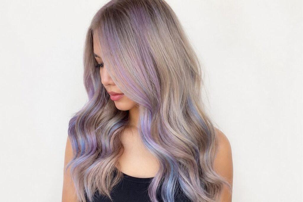 Pastel ash blonde hair with lilac tones