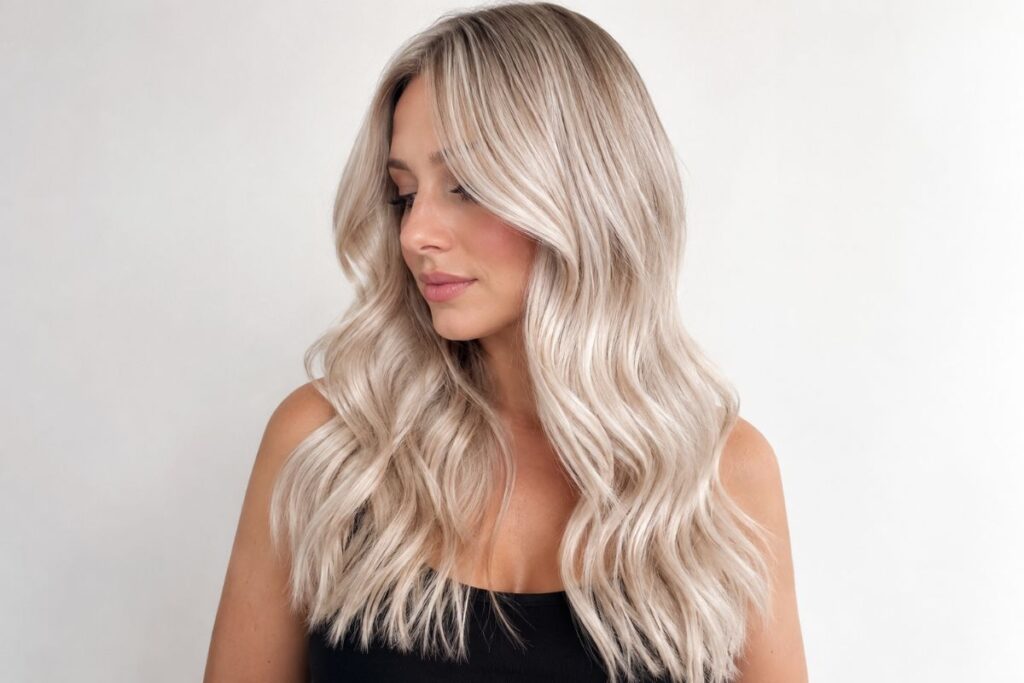 Pearl ash blonde hair with soft shimmer