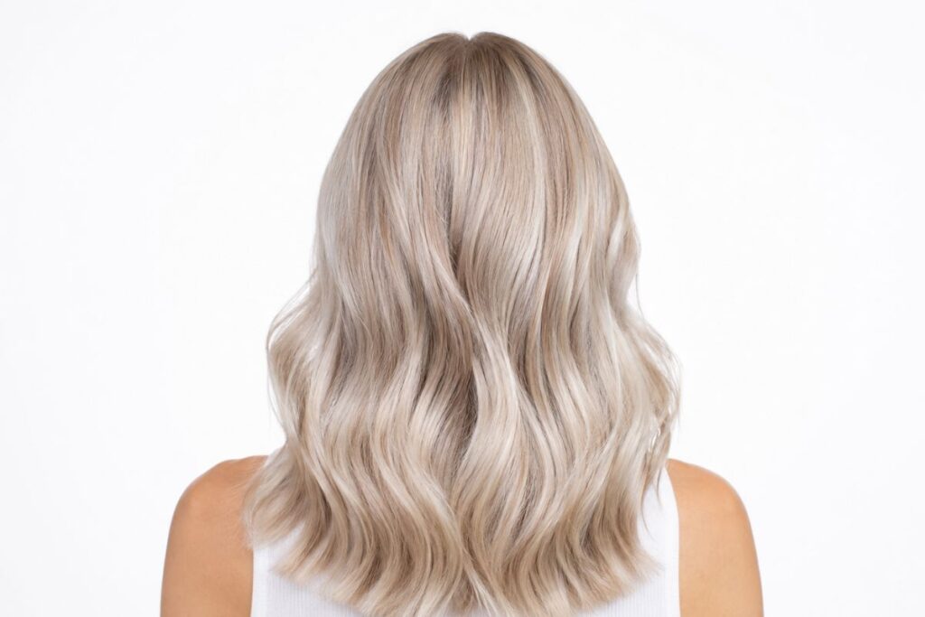 Pearl blonde hair color level 9 with soft iridescent silver champagne tones