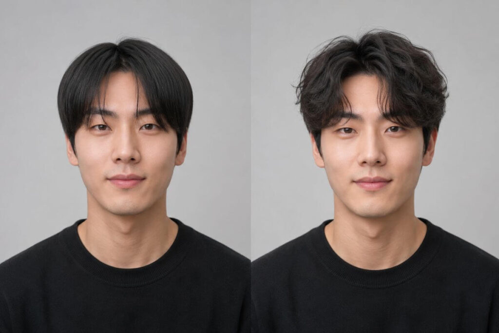 Perm before and after results for men showing curl transformation
