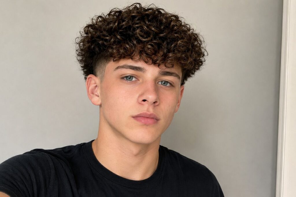 Perm with faded sides haircut for teen boys with defined curls and clean fade