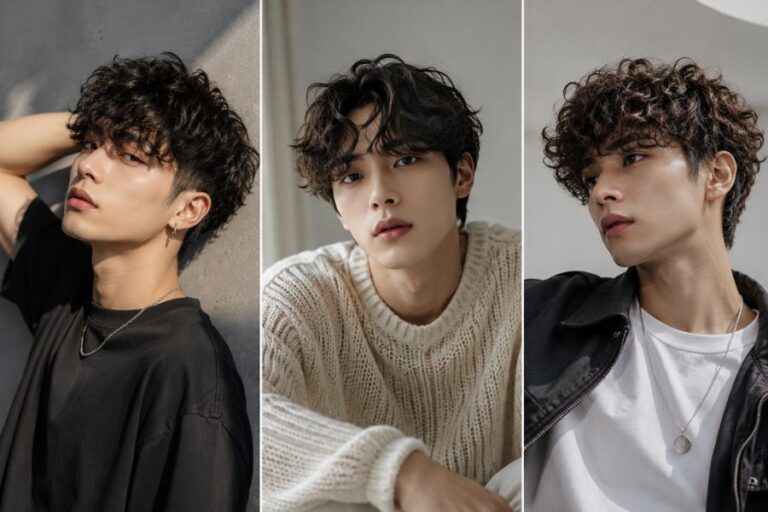 Three men showcasing different modern perm hairstyles with curly and wavy textured hair