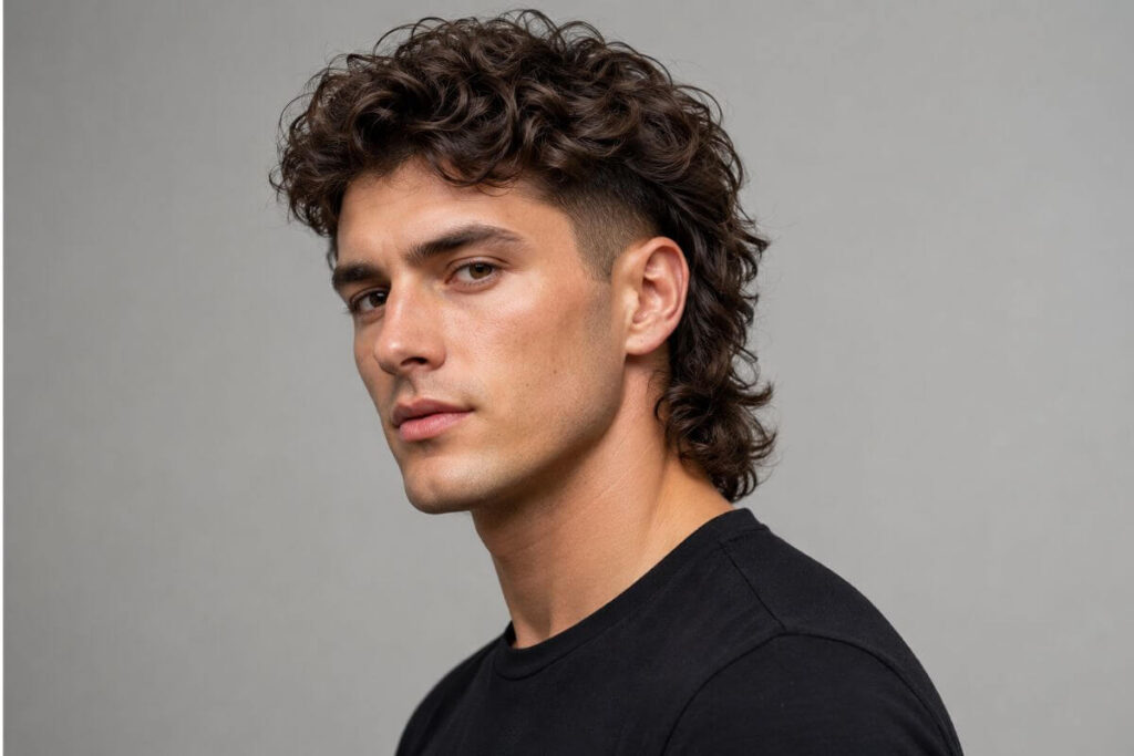 Permed mullet haircut for men with faded sides and textured wavy back section
