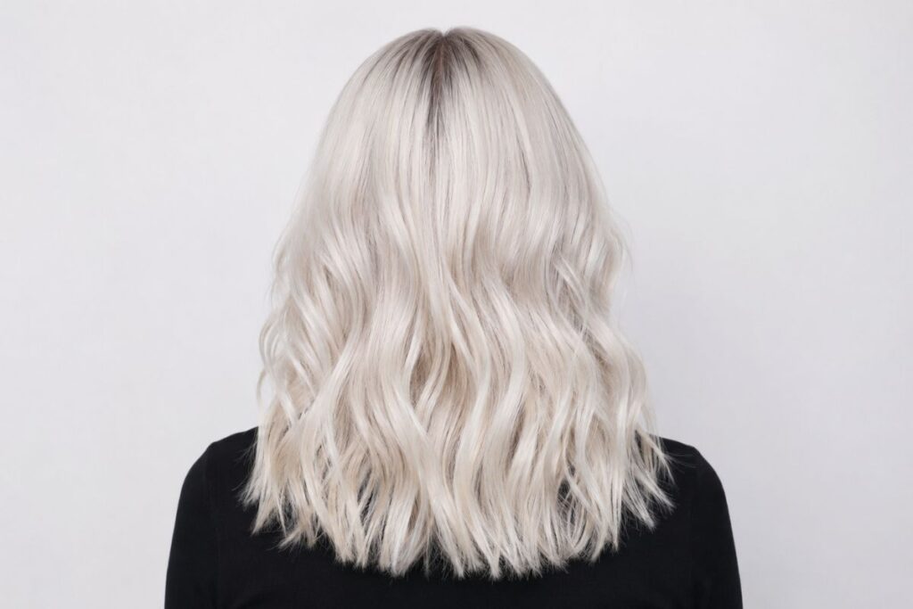 Platinum blonde hair color level 10 with cool almost white undertones