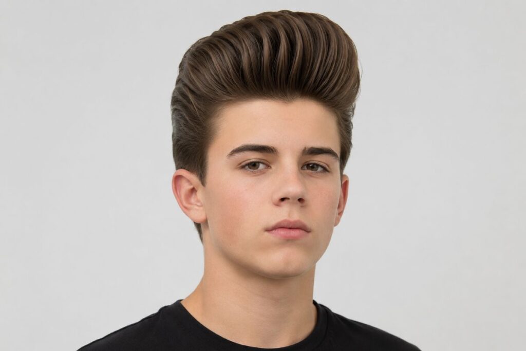 Pompadour haircut for teen boys with hair pushed up for height and tapered sides