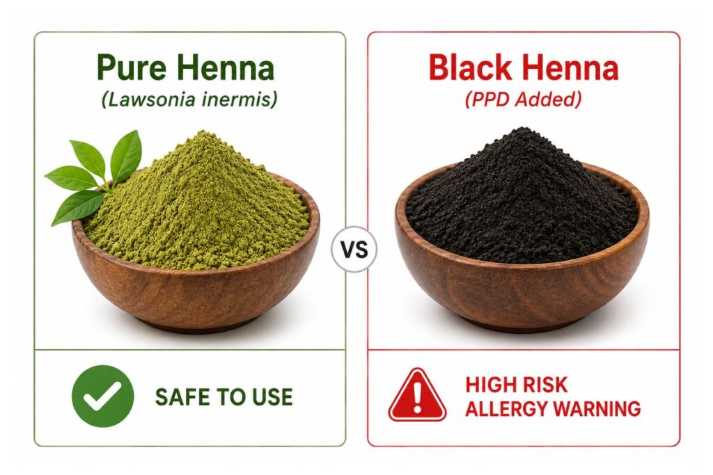 Pure henna vs black henna with PPD allergy risk comparison