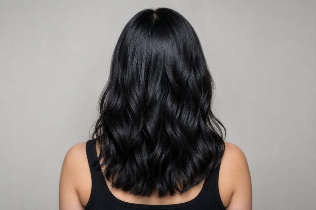 Raven black hair color level 2 with deep blue black glossy finish
