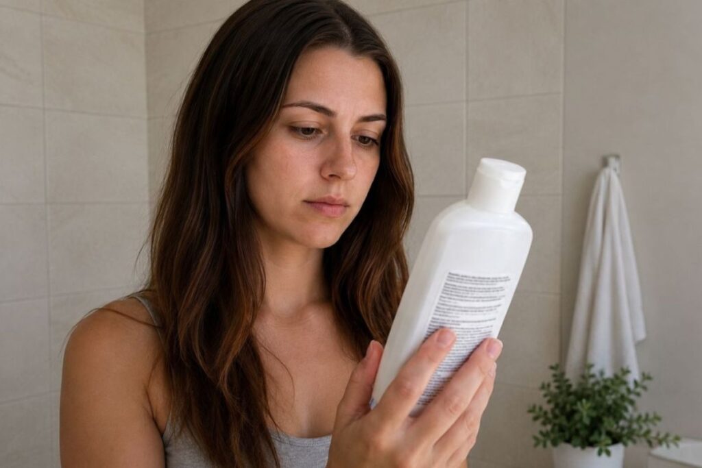 Woman reading shampoo bottle label to check harsh ingredients