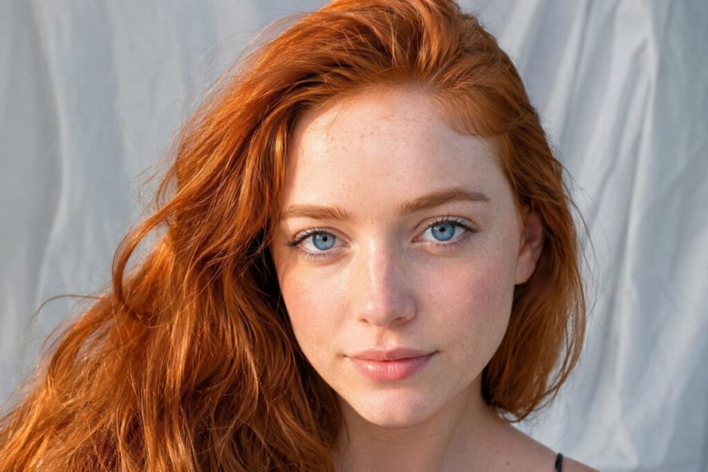 Woman with rare red hair and blue eyes combination