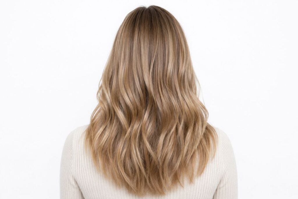 Sandy blonde hair color level 7 with muted warm neutral tones