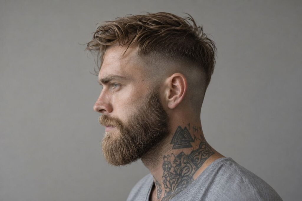 Scandinavian undercut haircut with low fade sides and loosely worn longer top