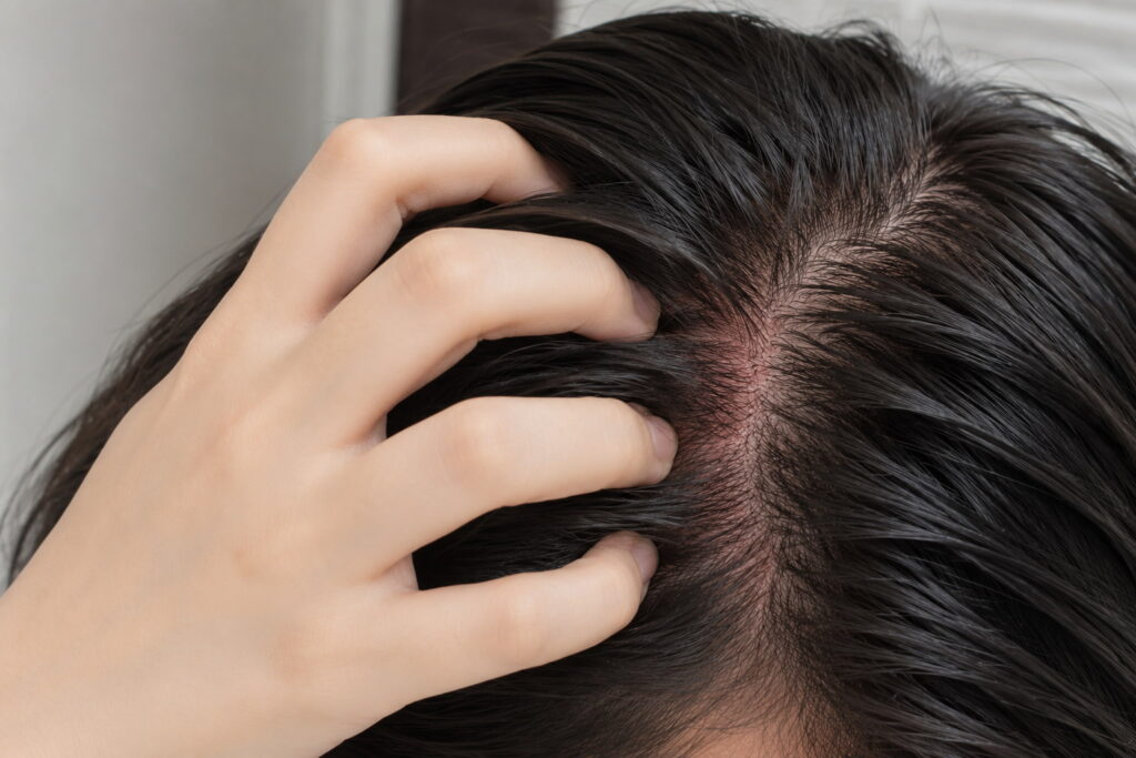 Person scratching itchy scalp, a common cause of dandruff related hair loss