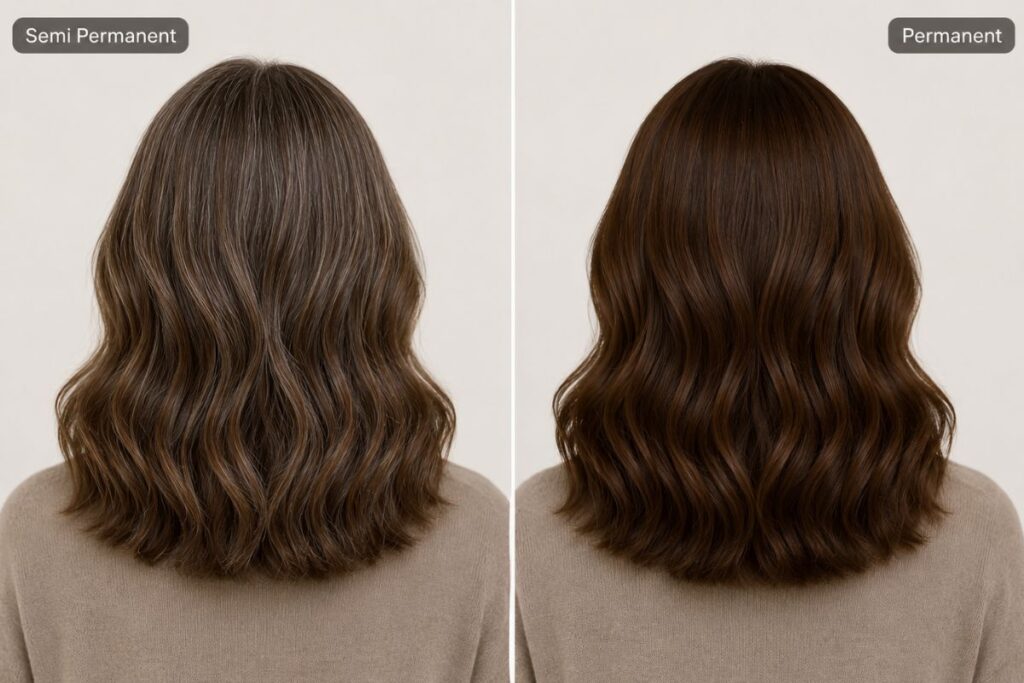 Semi permanent vs permanent hair color comparison showing grey coverage results