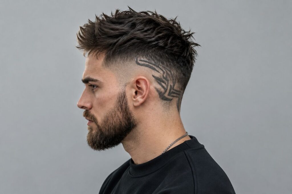 Short viking mid fade haircut with textured top and natural movement