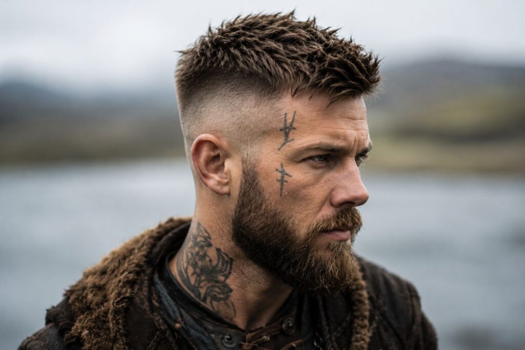 Short viking undercut haircut with faded sides and textured top for men
