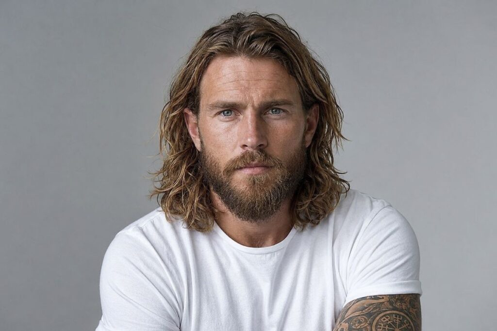 Shoulder length viking haircut with natural wavy texture and no undercut