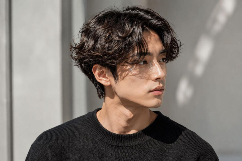 Side part with body wave perm for men with soft natural wave finish
