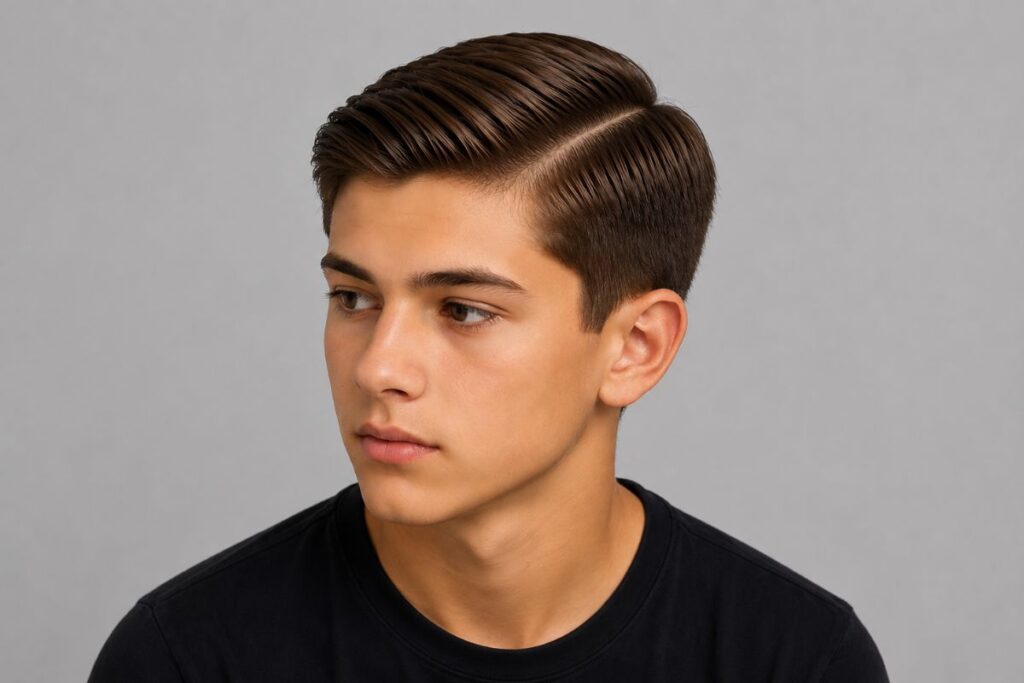 Side part haircut for teen boys with longer top swept to one side