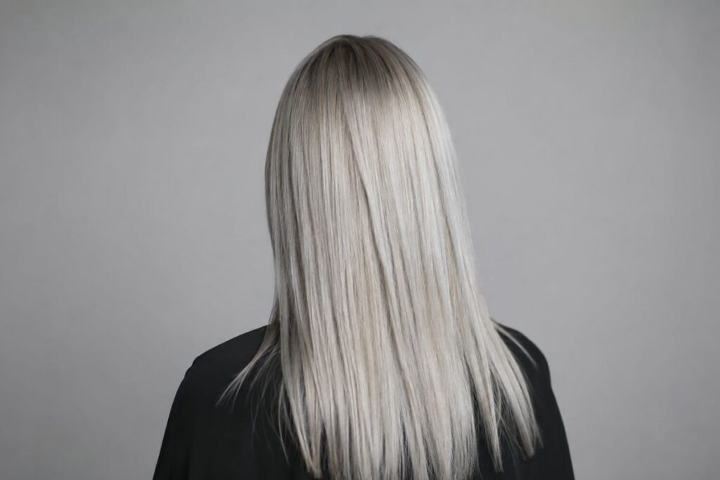 Silver blonde hair color level 9 with deliberate grey silver undertones