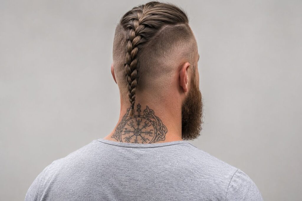 Simple viking braid with single three-strand plait and faded undercut sides