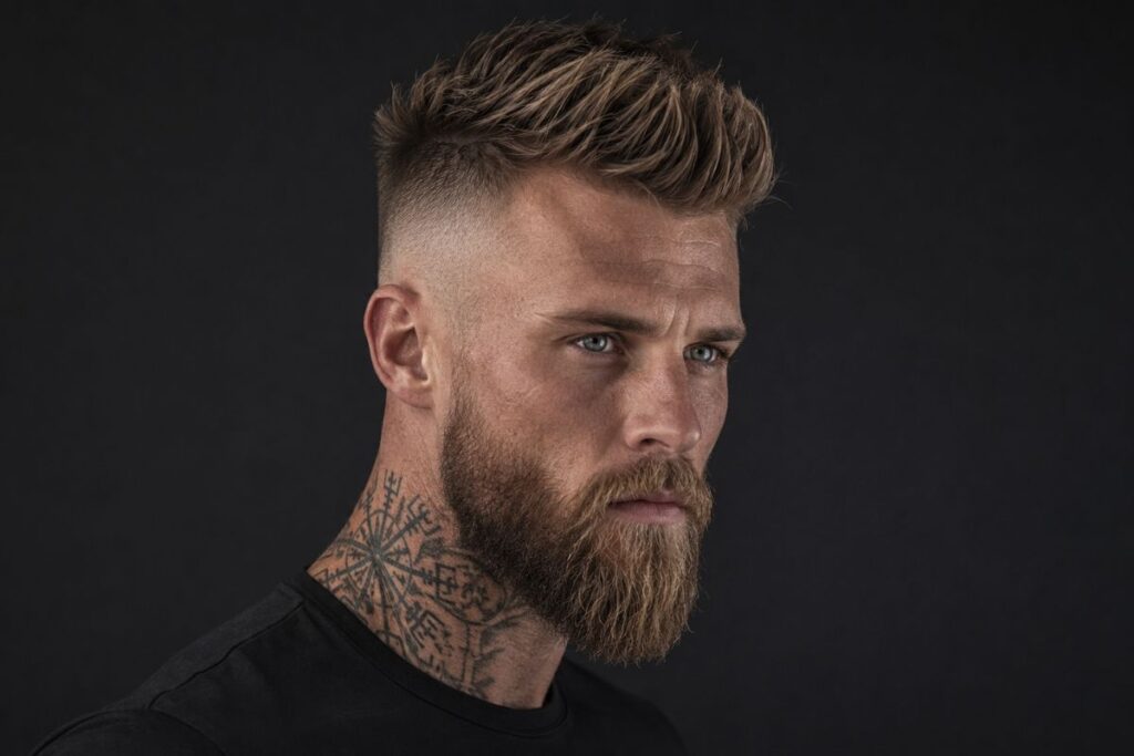 Viking skin fade haircut with sides faded to bare skin and textured top