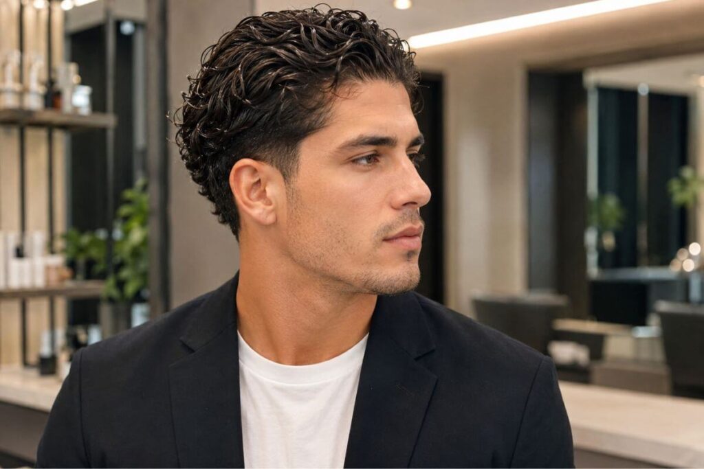 Slicked back permed curls for men with wet look gel finish
